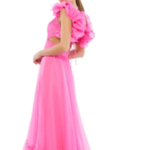 MAC DUGGAL 67911 ROSETTE CHIFFON CUTOUT WAIST HOT PINK GOWN sz 4 - Picture 2 of 8